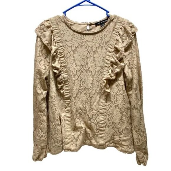 Cable & Gauge Lace Blouse Women's Medium Tan Sheer Ruffled Sleeves Front Boho - Picture 1 of 9